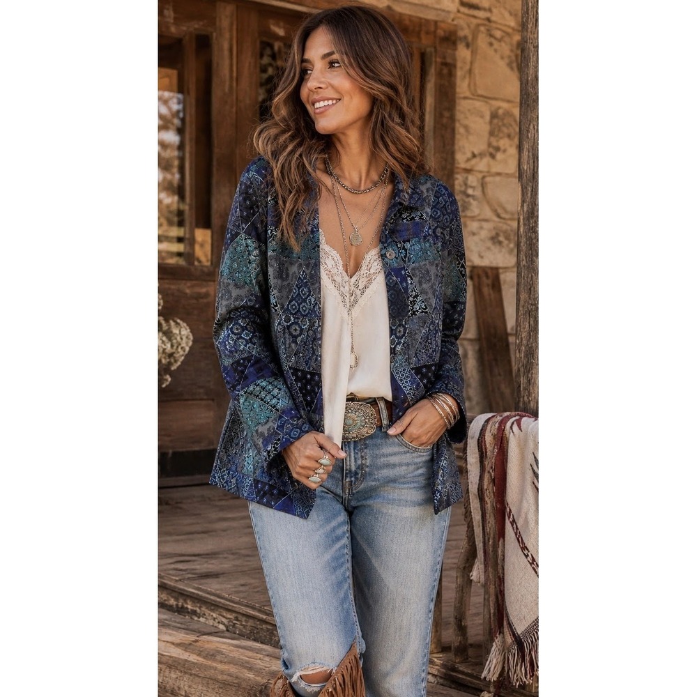 Coldwater Creek Blue‎ Patchwork Tapestry Paisley Jacquard Jacket L Boho Artsy